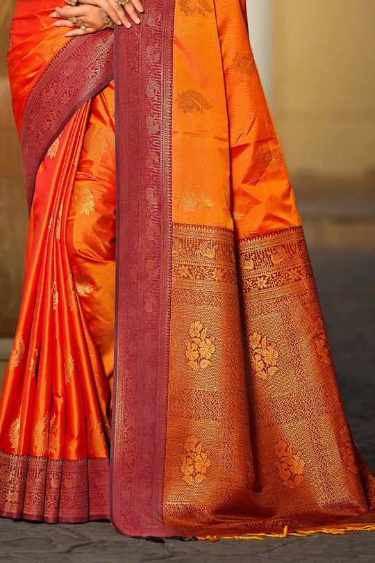 Bright Orange Soft Silk Woven Work Traditional Saree