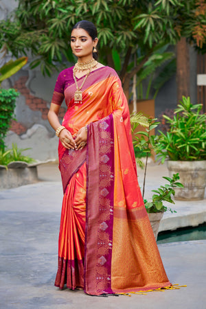 Coral Orange Soft Silk Woven Work Traditional Saree