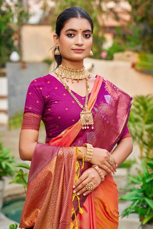 Coral Orange Soft Silk Woven Work Traditional Saree