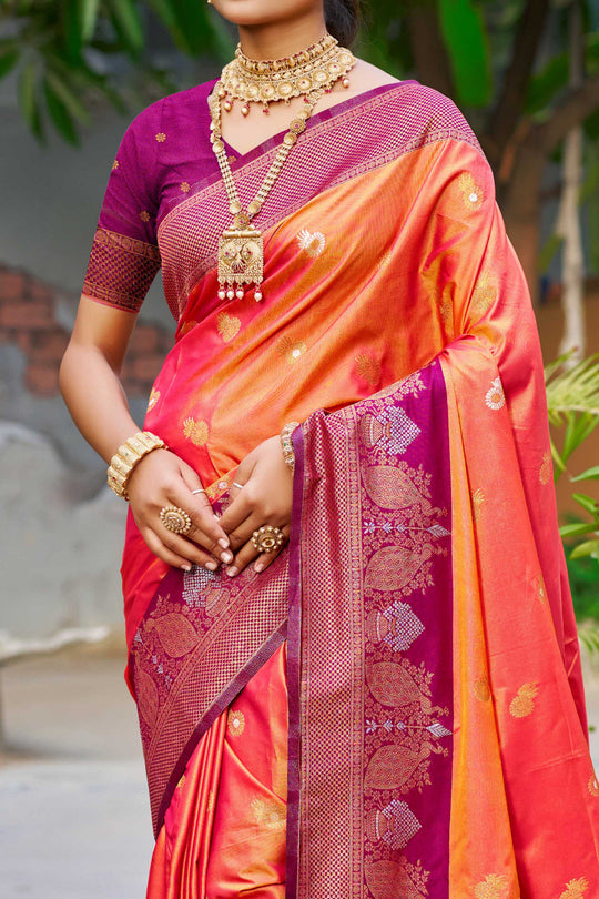 Coral Orange Soft Silk Woven Work Traditional Saree