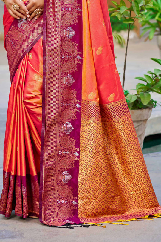 Coral Orange Soft Silk Woven Work Traditional Saree