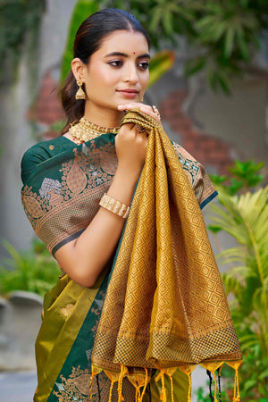 Olive Green Soft Silk Woven Work Traditional Saree