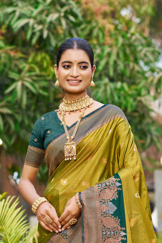 Olive Green Soft Silk Woven Work Traditional Saree