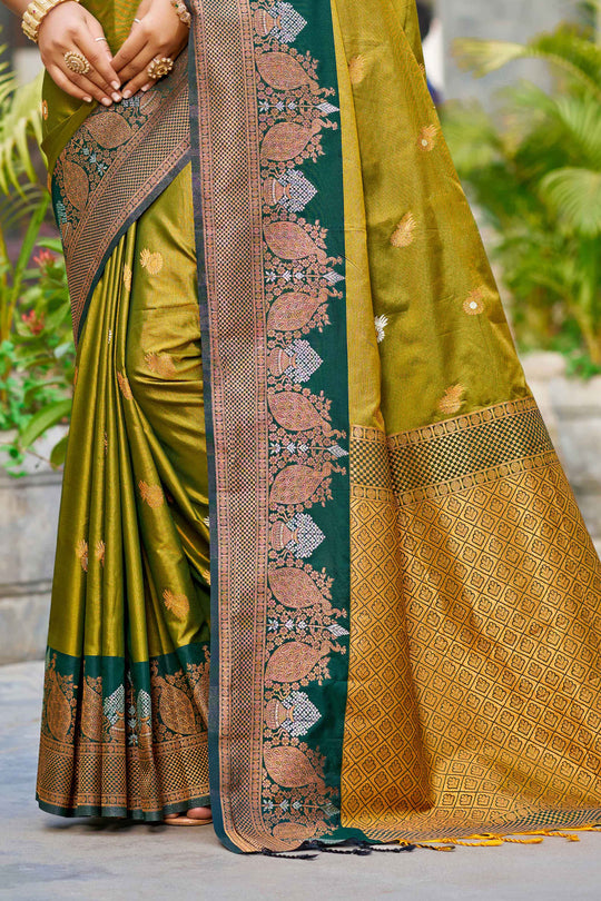 Olive Green Soft Silk Woven Work Traditional Saree