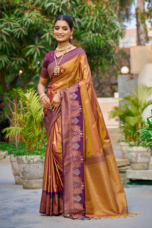 Copper Gold Soft Silk Woven Work Traditional Saree