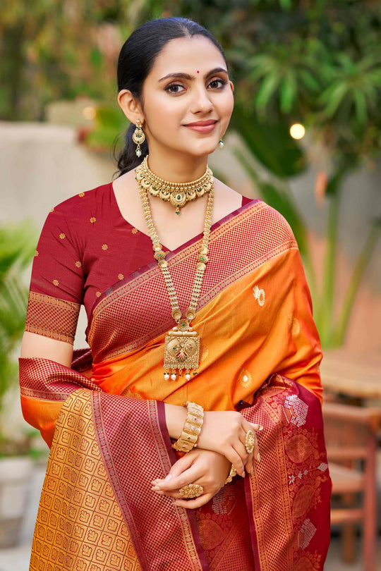 Saffron Orange Soft Silk Woven Work Traditional Saree