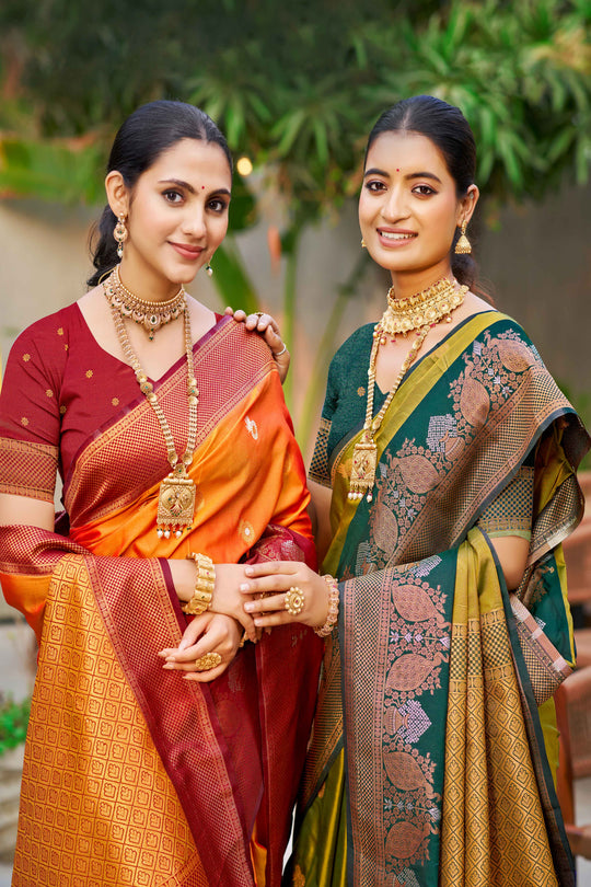 Saffron Orange Soft Silk Woven Work Traditional Saree