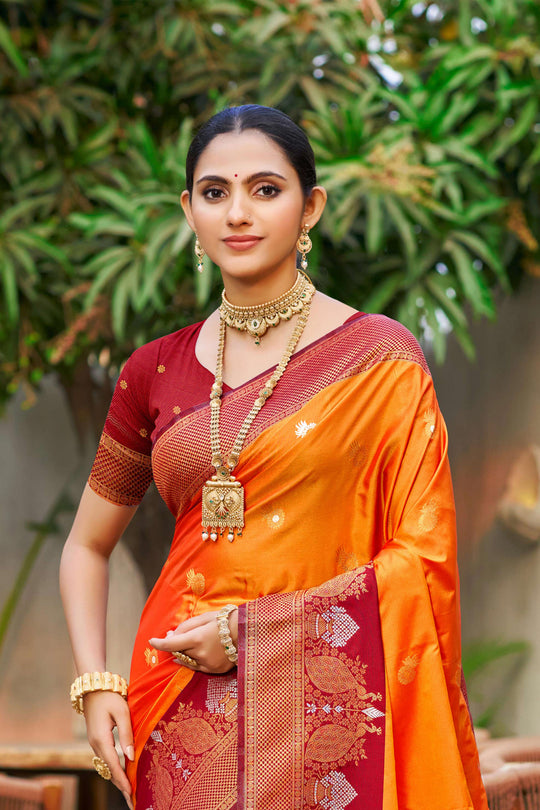Saffron Orange Soft Silk Woven Work Traditional Saree