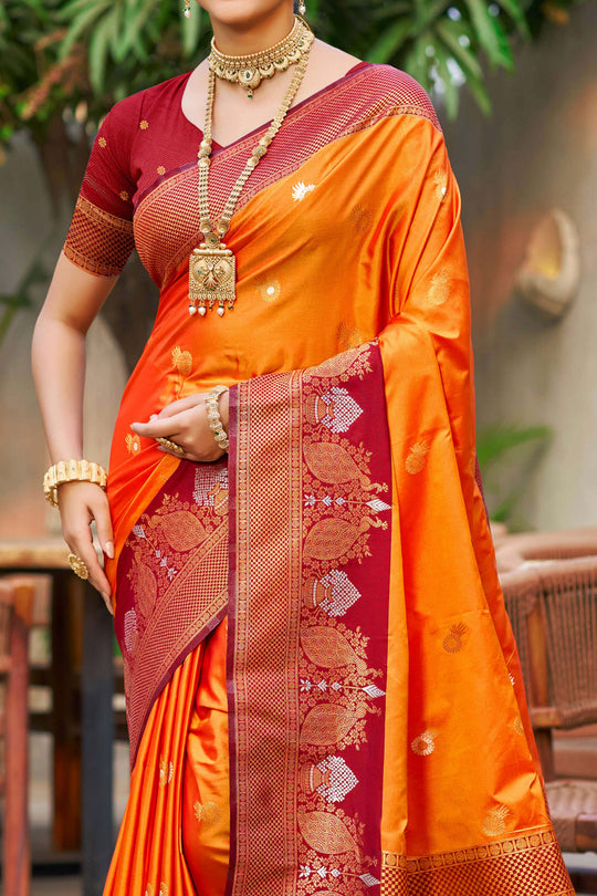 Saffron Orange Soft Silk Woven Work Traditional Saree
