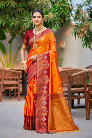 Saffron Orange Soft Silk Woven Work Traditional Saree