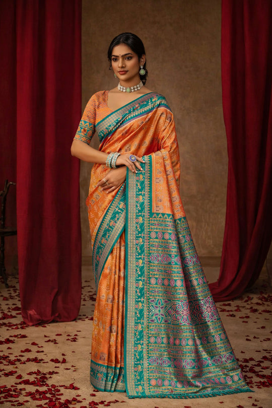 Light Orange Kanjivaram Silk Woven Work Traditional Saree