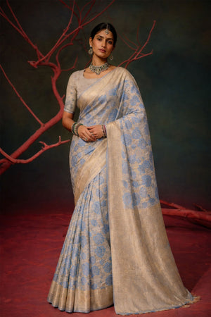Sky Blue Cotton Silk Woven Work Traditional Saree