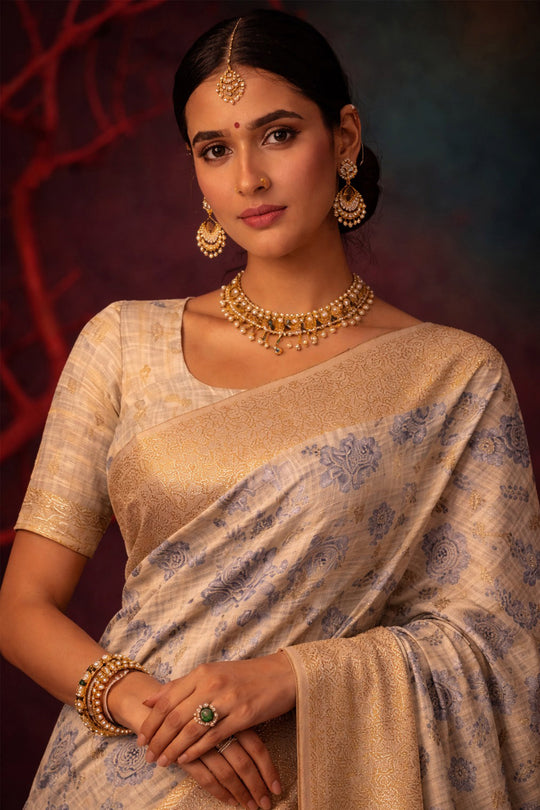 Light Grey Cotton Silk Woven Work Traditional Saree