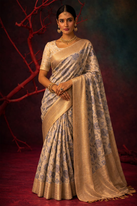 Light Grey Cotton Silk Woven Work Traditional Saree