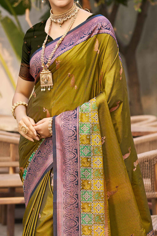 Olive Green Soft Silk Woven Work Traditional Saree