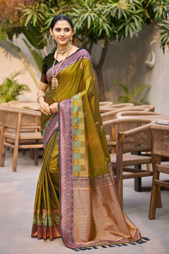 Olive Green Soft Silk Woven Work Traditional Saree
