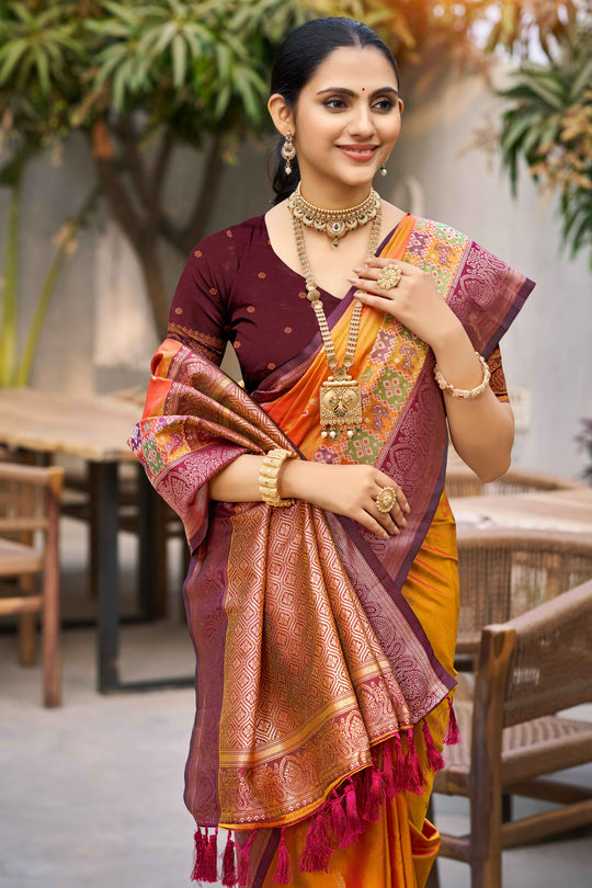 Mustard Orange Soft Silk Woven Work Traditional Saree