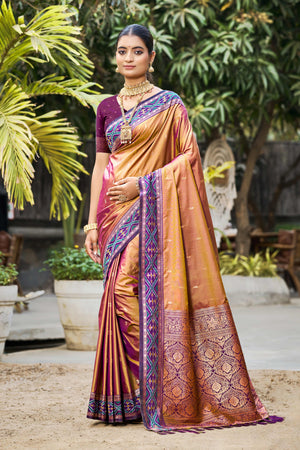 Copper Gold Soft Silk Woven Work Traditional Saree