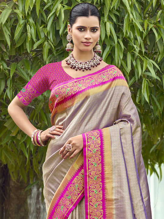 Grey Silk Saree With Blouse Piece