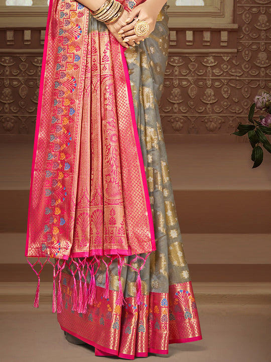 Grey Silk Saree With Blouse Piece