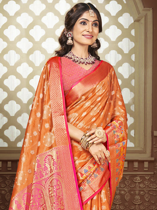 Orange Silk Saree With Blouse Piece