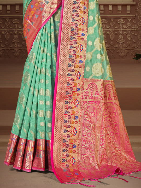 Turquoise Silk Saree With Blouse Piece