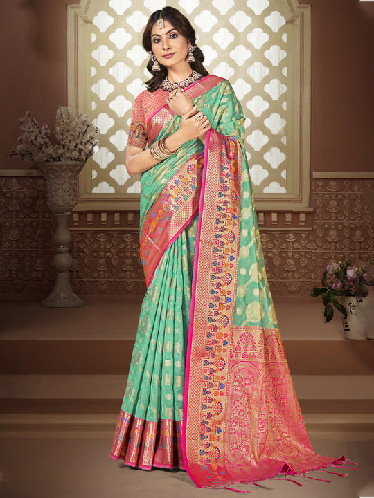 Turquoise Silk Saree With Blouse Piece