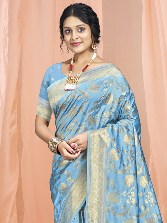 Sky Blue Silk Saree With Blouse Piece