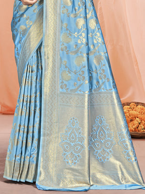 Sky Blue Silk Saree With Blouse Piece