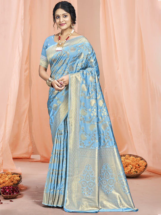 Sky Blue Silk Saree With Blouse Piece