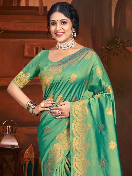 Teal Silk Saree With Blouse Piece