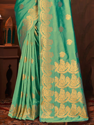 Teal Silk Saree With Blouse Piece