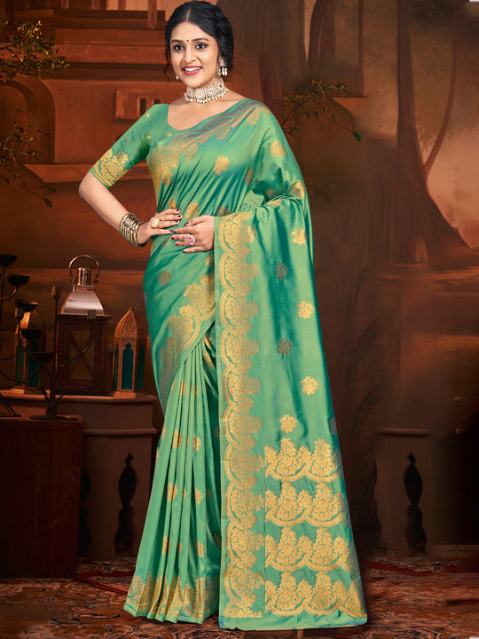 Teal Silk Saree With Blouse Piece