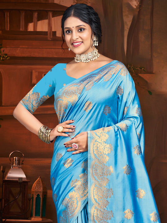 Sky Blue Silk Saree With Blouse Piece