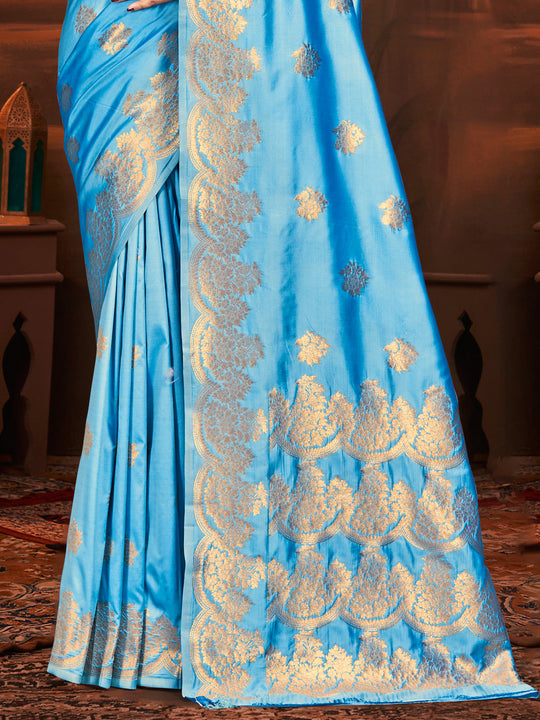 Sky Blue Silk Saree With Blouse Piece