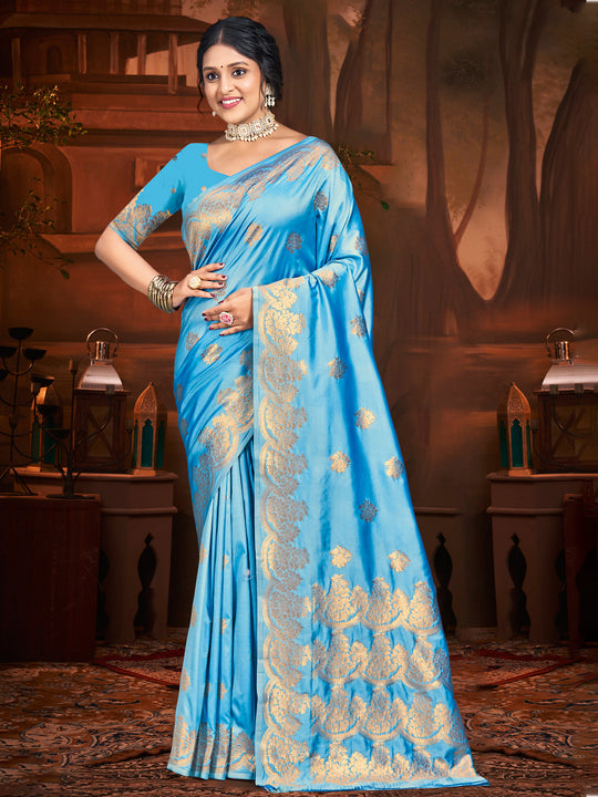 Sky Blue Silk Saree With Blouse Piece