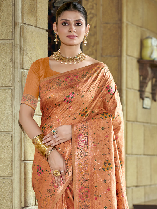 Peach Silk Blend Saree With Blouse Piece