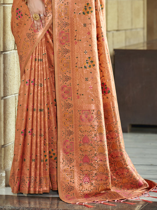Peach Silk Blend Saree With Blouse Piece