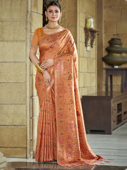 Peach Silk Blend Saree With Blouse Piece