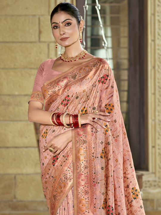 Pink Silk Blend Saree With Blouse Piece