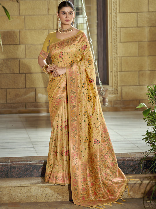 Gold Silk Blend Saree With Blouse Piece