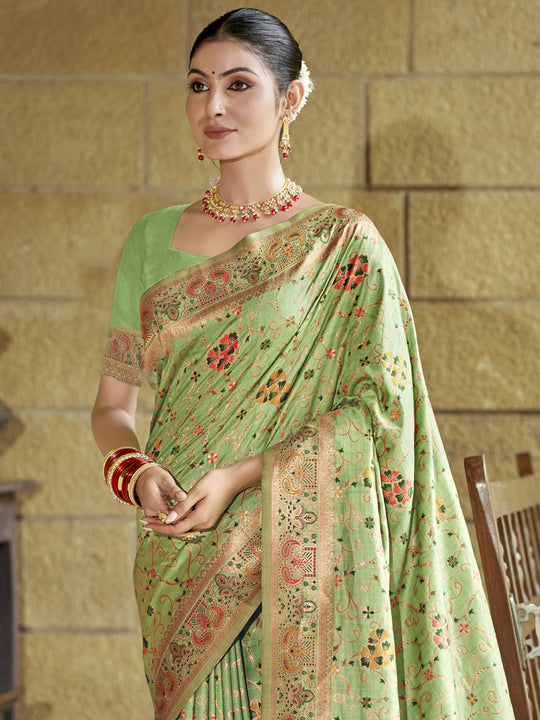 Pista Green Silk Blend Saree With Blouse Piece