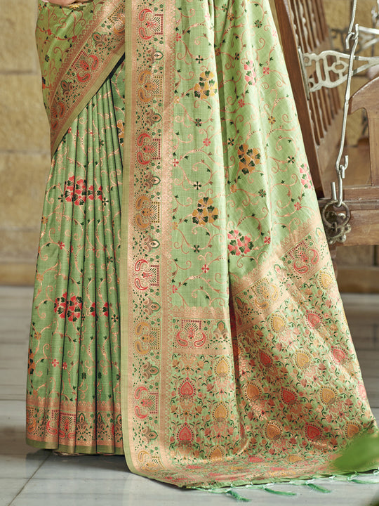 Pista Green Silk Blend Saree With Blouse Piece