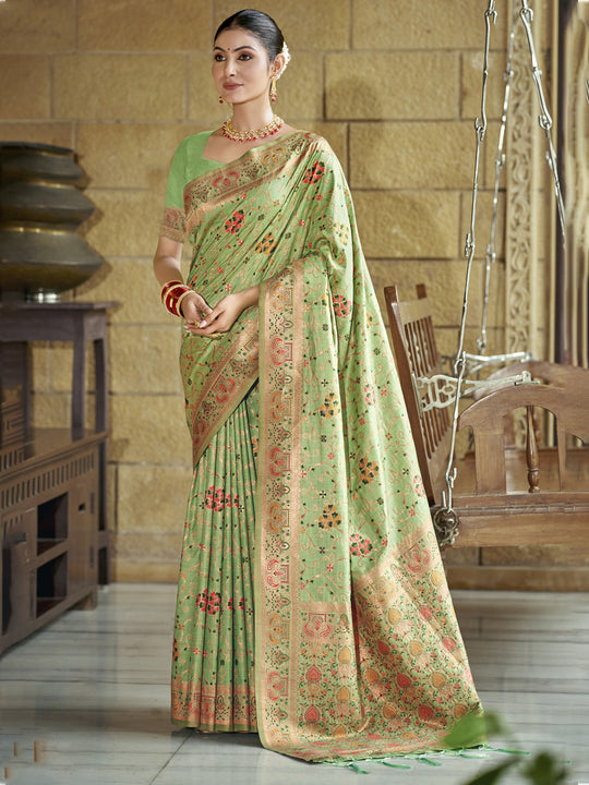 Pista Green Silk Blend Saree With Blouse Piece