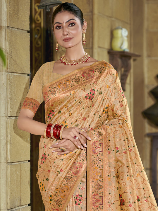 Beige Silk Blend Saree With Blouse Piece