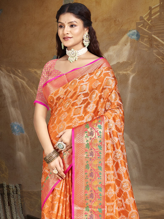 Orange Silk Saree With Blouse Piece