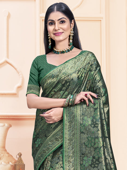 Green Satin Saree With Blouse Piece