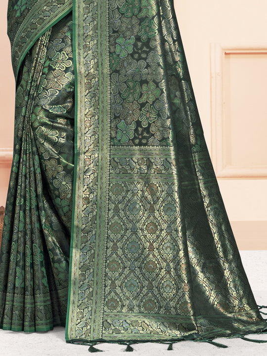 Green Satin Saree With Blouse Piece