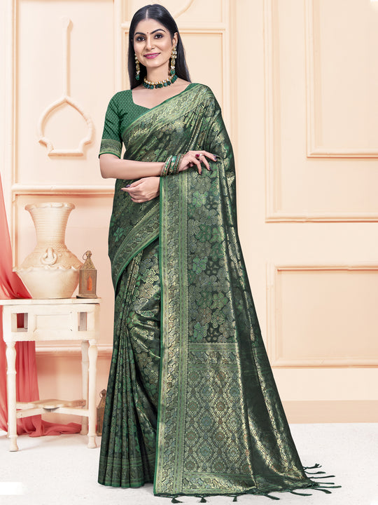 Green Satin Saree With Blouse Piece