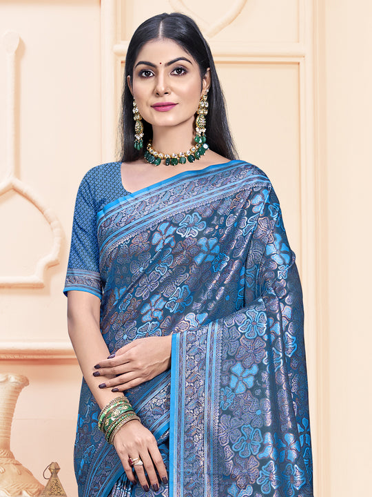 Blue Satin Saree With Blouse Piece